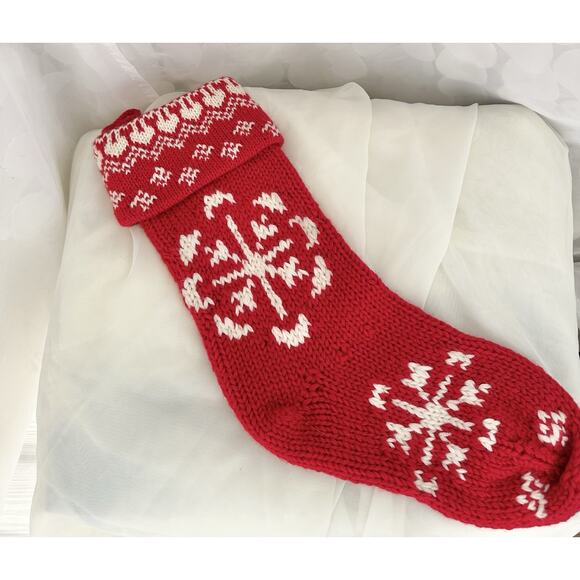 VTG Crate & Barrel 100% Wool Red Christmas Stocking Large Snowflakes Hand Knit - Picture 3 of 6